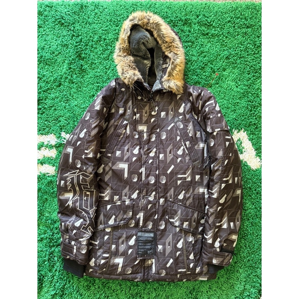 Fox Racing KOB Parka Mens Small Brown Geometric Print Down Insulated Hooded Coat